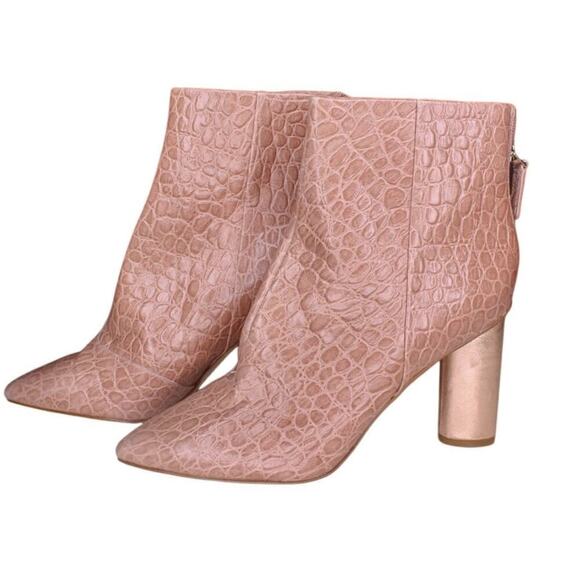 Nine West Eric Ankle Boots Chunky Heel Croc Embossed Leather Rose Gold - Picture 3 of 5